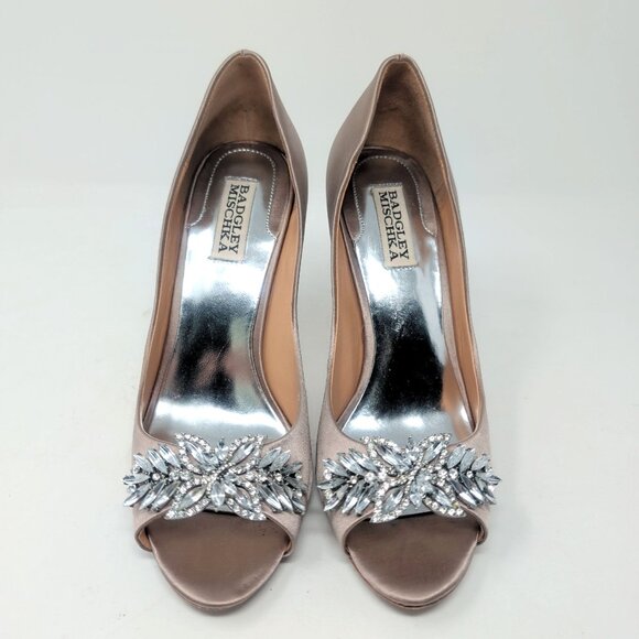 Badgley Mischka Satin Crystal Heels 8.5 Champagne Open Toe - Picture 2 of 10